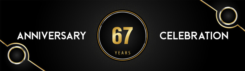 67 years anniversary celebration logotype with gold and silver circle dotted lines and frames on black background. Premium design for weddings, greetings cards, graduation, birthday party, ceremony.