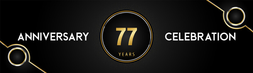 77 years anniversary celebration logotype with gold and silver circle dotted lines and frames on black background. Premium design for weddings, greetings cards, graduation, birthday party, ceremony.