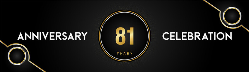 81 years anniversary celebration logotype with gold and silver circle dotted lines and frames on black background. Premium design for weddings, greetings cards, graduation, birthday party, ceremony.