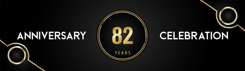 82 years anniversary celebration logotype with gold and silver circle dotted lines and frames on black background. Premium design for weddings, greetings cards, graduation, birthday party, ceremony.