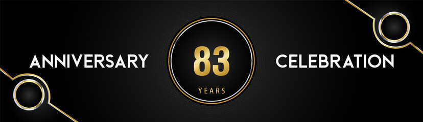 83 years anniversary celebration logotype with gold and silver circle dotted lines and frames on black background. Premium design for weddings, greetings cards, graduation, birthday party, ceremony.