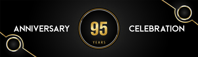 95 years anniversary celebration logotype with gold and silver circle dotted lines and frames on black background. Premium design for weddings, greetings cards, graduation, birthday party, ceremony.