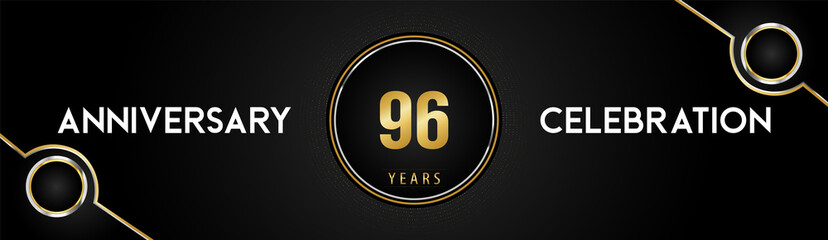 96 years anniversary celebration logotype with gold and silver circle dotted lines and frames on black background. Premium design for weddings, greetings cards, graduation, birthday party, ceremony.