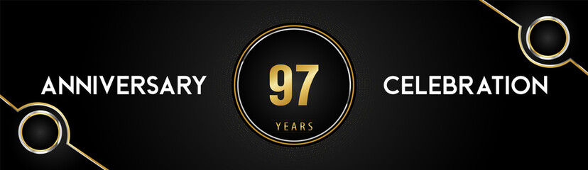 97 years anniversary celebration logotype with gold and silver circle dotted lines and frames on black background. Premium design for weddings, greetings cards, graduation, birthday party, ceremony.