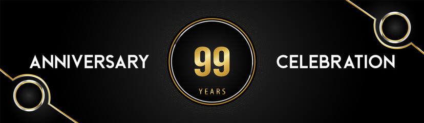 99 years anniversary celebration logotype with gold and silver circle dotted lines and frames on black background. Premium design for weddings, greetings cards, graduation, birthday party, ceremony.