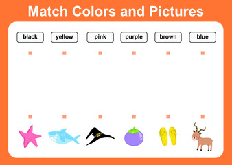 Match colors and pictures. Educational worksheet for preschool. Vector illustration.