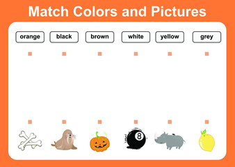 Match colors and pictures. Educational worksheet for preschool. Vector illustration.