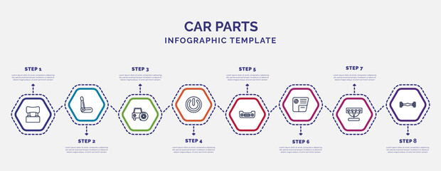 infographic template with icons and 8 options or steps. infographic for car parts concept. included car headrest, car spare wheel, ignition, bumper, glove compartment, manifold, axle icons. - obrazy, fototapety, plakaty