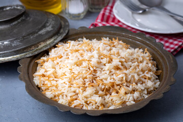 Traditional delicious Turkish food; Turkish style rice pilaf (Turkish name; Tel sehriyeli pirinc pilavi)