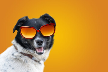 A funny dog dressed sunglasses on the yellow or illuminating background. Summer holidays concept. A mongrel dog sunbathes.