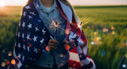 Young girl holding Bengal fire with American flag at sunset. America celebrate 4th of July. Independence Day.