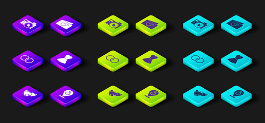 Set Two Linked Hearts, Wedding rings, Woman dress, Greeting card and Photo camera icon. Vector