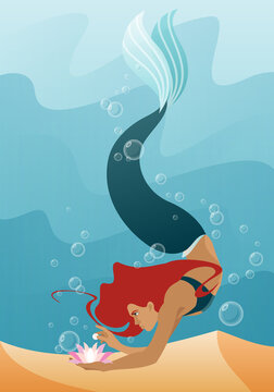 Mermaid. A red-haired mermaid girl with a green tail swims along the ocean floor with a flower in her hand. Vector illustration of mythology and fairy tales.