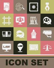 Set Scales of justice, Security camera, Safe, Prison window, Oath the Holy Bible and Office folders icon. Vector