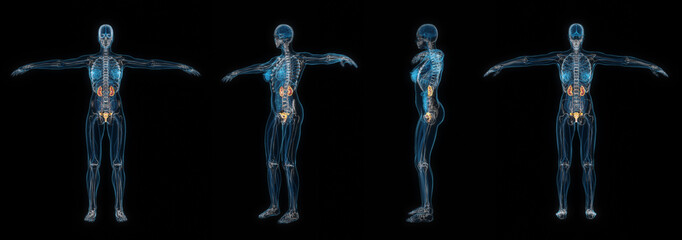 3d rendering set of human female body kidney x-ray isolated on black background.