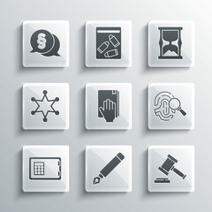 Set Fountain pen nib, Judge gavel, Fingerprint, Oath on the Holy Bible, Safe, Hexagram sheriff, Law and Old hourglass icon. Vector