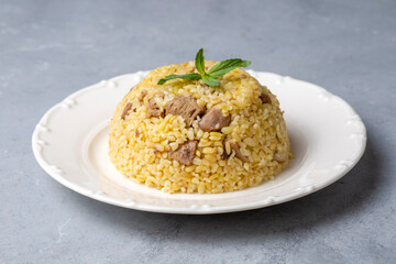 From traditional delicious Turkish cuisine; Bulgur pilaf with meat (Turkish name; etli bulgur pilavi)