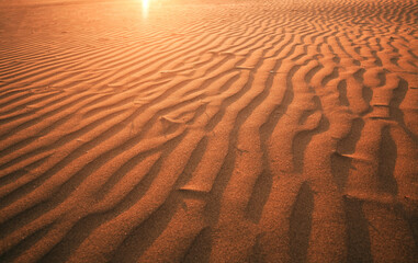 Sand dune in desert in the rays of bright sun, dried up lifeless earth, nature background