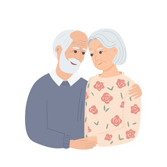 Portrait of senior couple of old people isolated on white background. Aged man hugs woman by the shoulders. Gray-haired grandmother and grandfather are happy together.