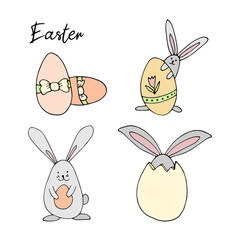 Cute doodle bunny with eggs for easter design.