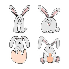 Cute doodle bunny with eggs for easter design.