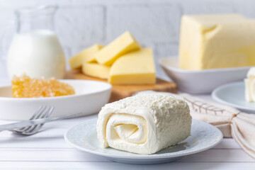 Turkish creamy dairy product. Clotted cream (butter cream) for Turkish breakfast with glass of milk. (Turkish name; kaymak)