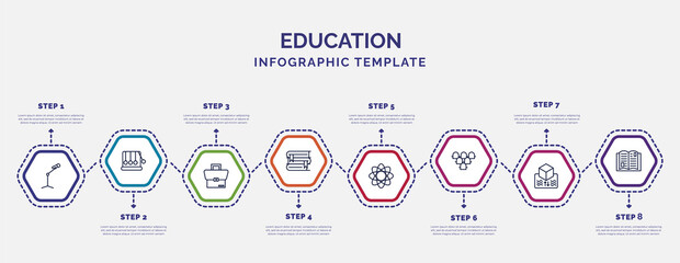 infographic template with icons and 8 options or steps. infographic for education concept. included microphone with stand, case, stack of books, photon, grandstand, archimedes principle, reading an - obrazy, fototapety, plakaty