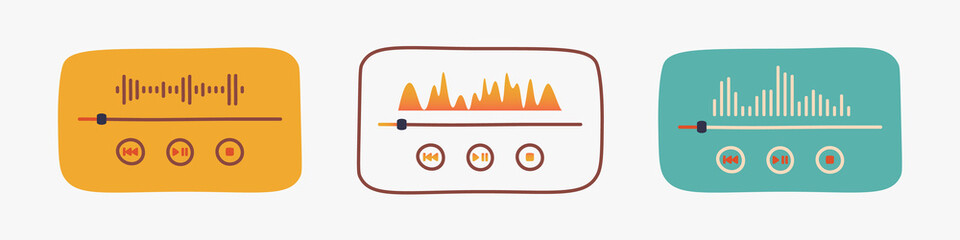 Music player interface. Scroll bar with buttons and sound wave. Set of vector illustrations. EPS 10.