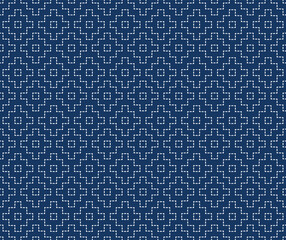 Japanese Sashiko seamless pattern. Indigo background. white thin line on blue wallpaper. Vector