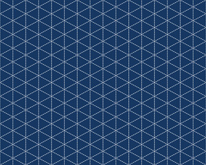 Japanese Sashiko seamless pattern. Indigo background. white thin line on blue wallpaper. Vector