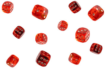 A collection of red dice at different angles isolated on a white background.