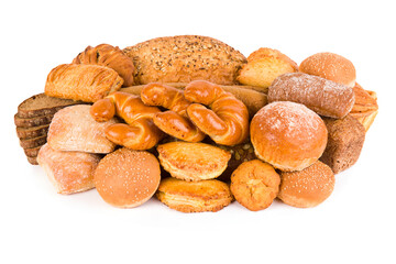 Fototapeta na wymiar Bread and sweet pastry isolated on white .