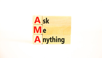 AMA ask me anything symbol. Concept words AMA ask me anything on wooden blocks on a beautiful white...