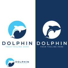 Fototapeta premium Dolphin logo. Dolphin jumping on the waves of sea or beach. With vector illustration editing.