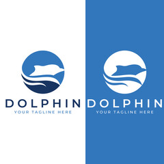 Dolphin logo. Dolphin jumping on the waves of sea or beach. With vector illustration editing.