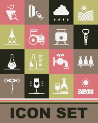 Set Drought, Bottle of wine, opener, Cloud with rain, Tractor, Champagne bottle, Grapes and Fermentation grapes icon. Vector