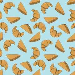 Decorative pattern of sweets buns, croissant slot on a blue background, seamless