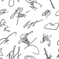 Seamless pattern signature. Repeated hand drawn autograph. Black scrawl signature on white background. Handwritten name. Handwriting scribbles by pen. Repeating written sketch. Writing line. Vector - obrazy, fototapety, plakaty