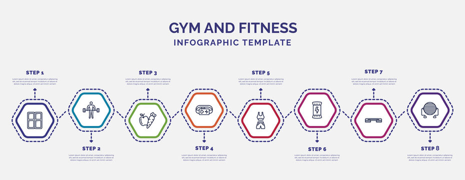 Infographic Template With Icons And 8 Options Or Steps. Infographic For Gym And Fitness Concept. Included Locker, Carrot And, Pulsometer, Female Sportwear, Energy Snack, Fitness Step, Pilates Ball