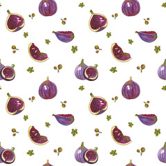 Summer fig watercolor pattern on white background