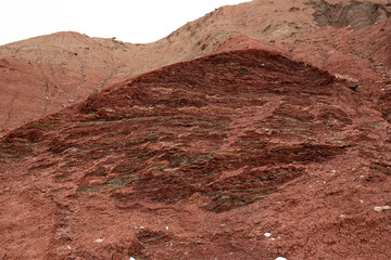 Beautiful red mountains of Azerbaijan in winter. Khizi region.