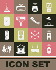 Set Wireless computer mouse, Web camera, Satellite dish, Smart data server, Air conditioner, Mobile with 5G, Antenna and microphone icon. Vector