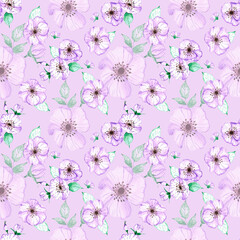 Handdrawn anemone seamless pattern. Watercolor purple flowers with green leaves on the purple background. Scrapbook design, typography poster, label, banner, textile.