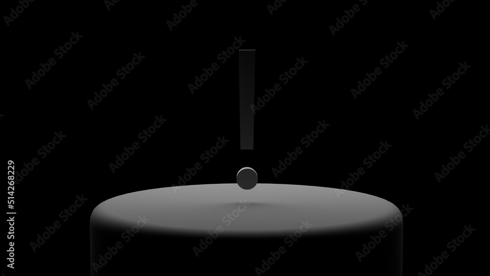 Poster a gray exclamation mark on a black background on a platform illuminated by white light. 3d illustrat
