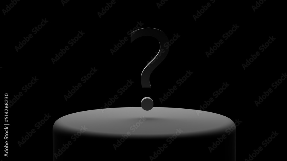 Aufkleber a gray question mark on a black background on a platform illuminated by white light. 3d illustration