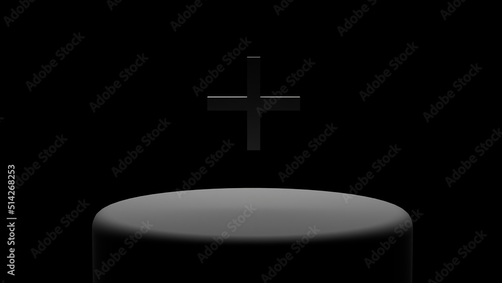 Poster a gray plus icon on a black background on a platform illuminated by white light. 3d illustration. 3d render.