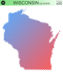 Fototapeta premium Dotted map of the state of Wisconsin in the USA, from hexagons, on a scale of 50x50 elements. With rough edges from the gradient and a smooth gradient from one color to another.