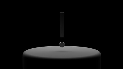 a gray exclamation mark on a black background on a platform illuminated by white light. 3d illustration. 3d render.