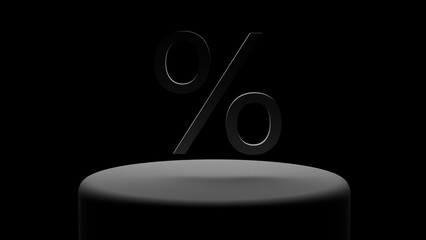 percentage icon in gray on a black background on a platform lit with white light. 3d illustration. 3d render.