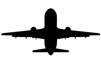 Black silhouette Vector illustration of an airplane, isolate on a white background. Passenger plane. Traveling.